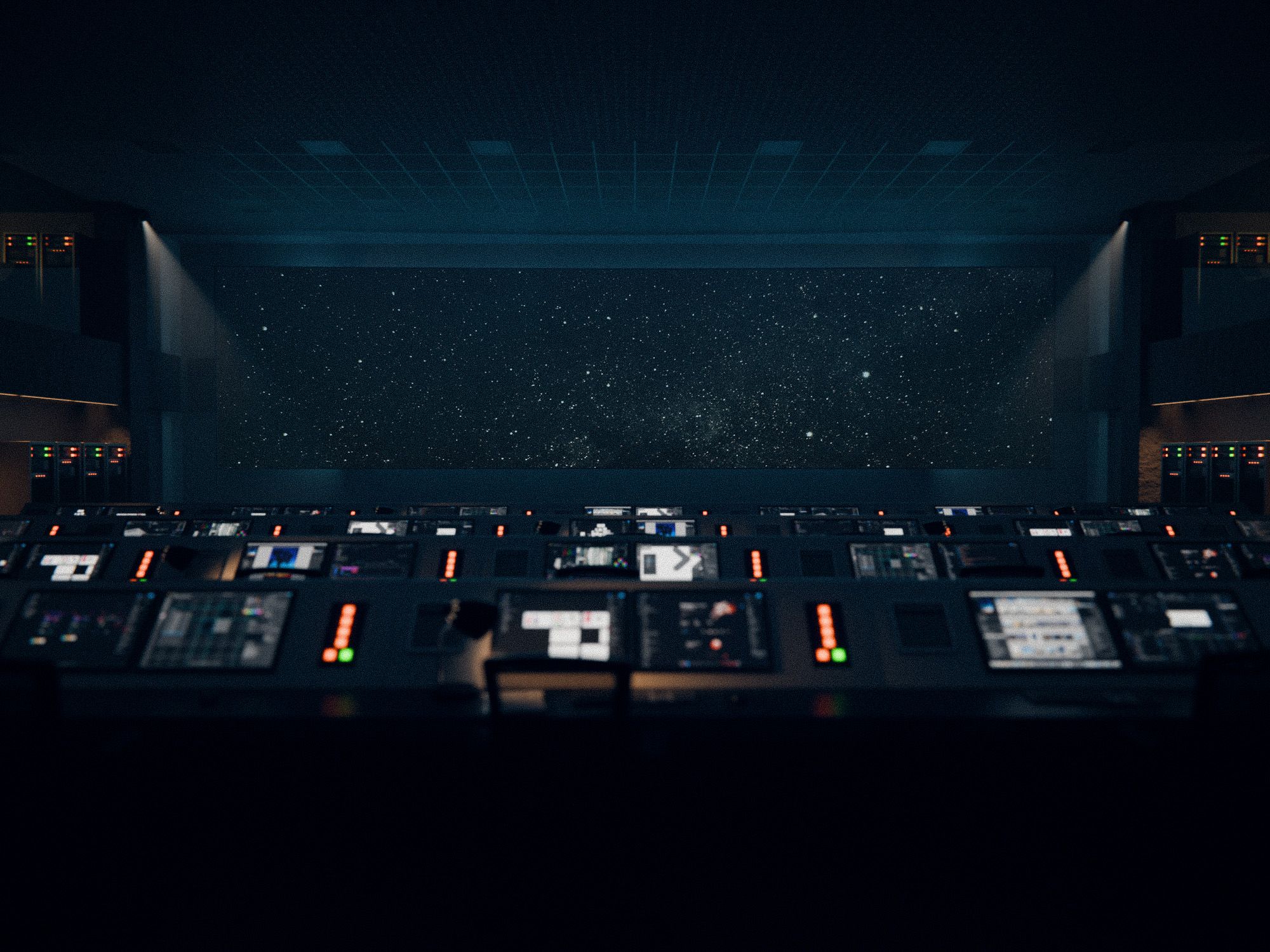 A 3D render of a control room